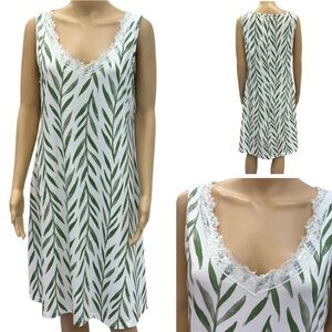 Noracora White Green Leaf Foliage Print Sleeveless Lace Accent V Neck Midi Dress